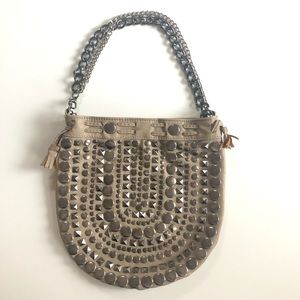 Y2K Studded Taupe Vegan Leather Bag Silver Chain Studs Bling Handbag Embellished